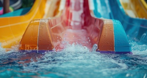 Color water slide in water park, water splashes, joyful mood, summer vacation.